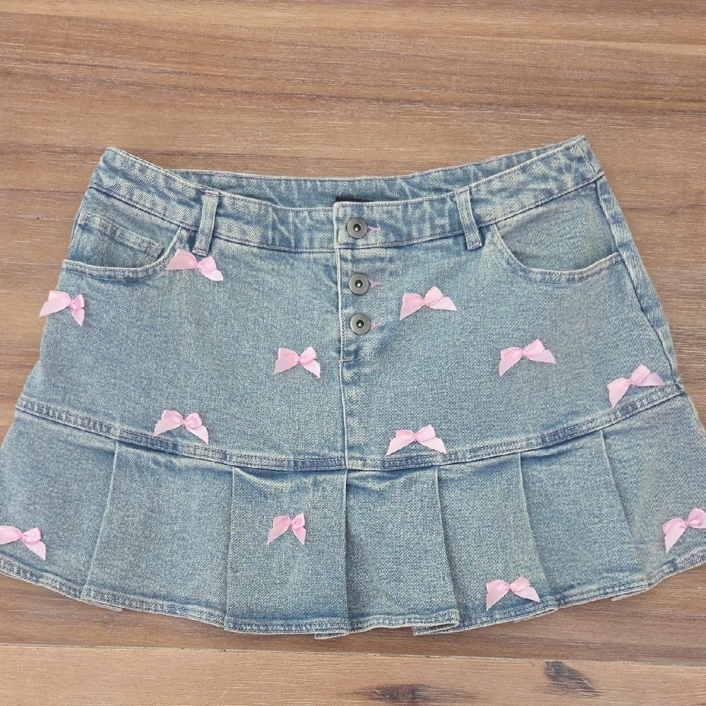 Denim Skirt with Pink Bow Accents